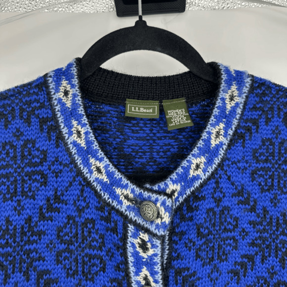 Vintage LL Bean Womens M Cardigan Sweater Wool Blue White Nordic Scandinavian - Picture 9 of 10